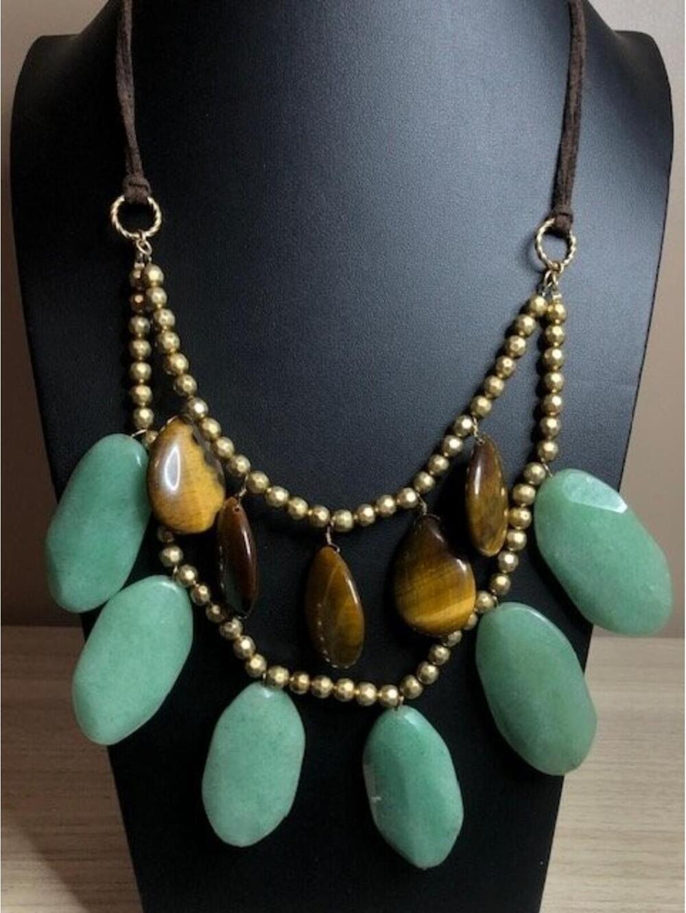 B4257 ABS Statement Bib Necklace Chunky Aventurine Tiger Eye Gold Tone 20-22"